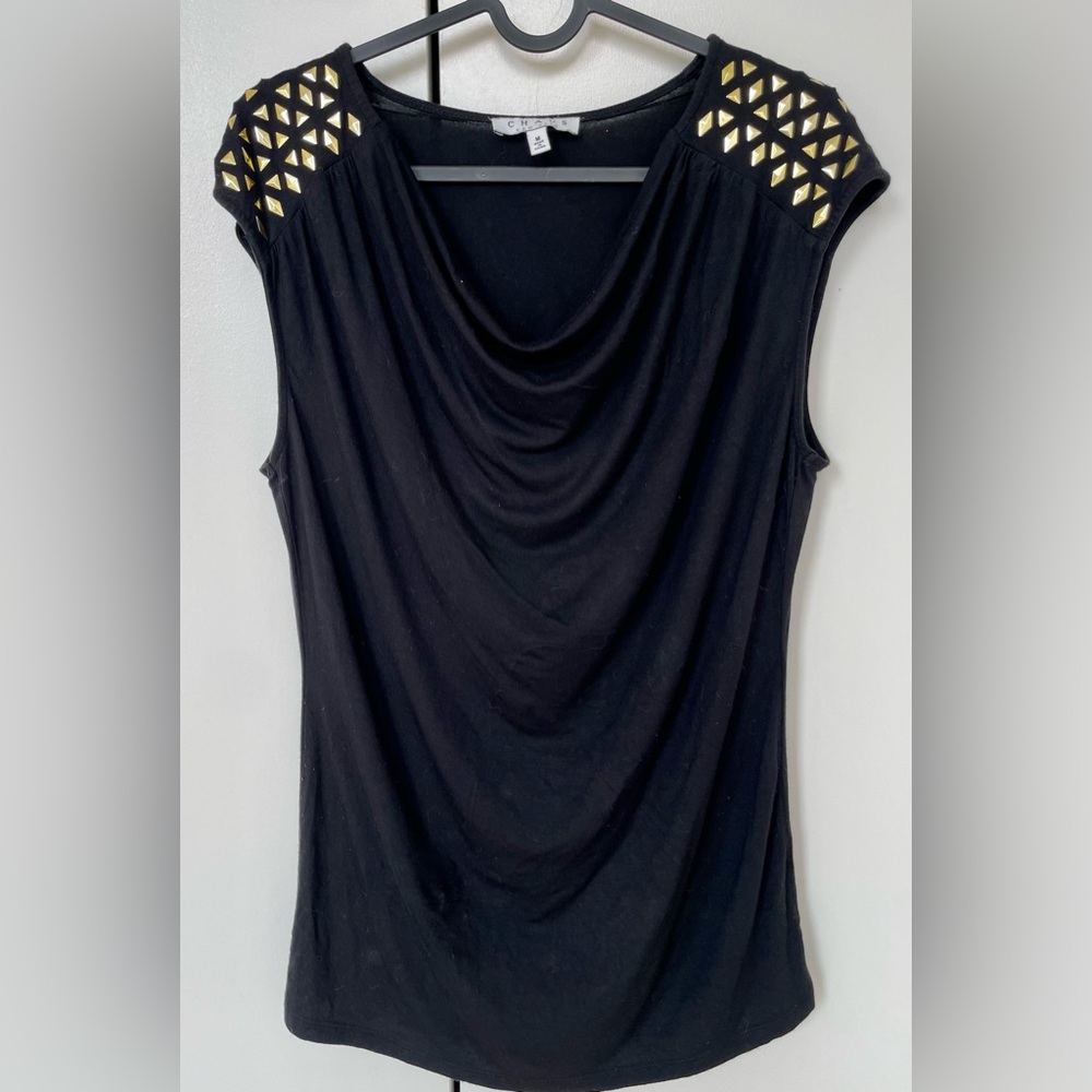 Chaus jersey cowl neck w gold metal shoulder embellishments ! Size:  M